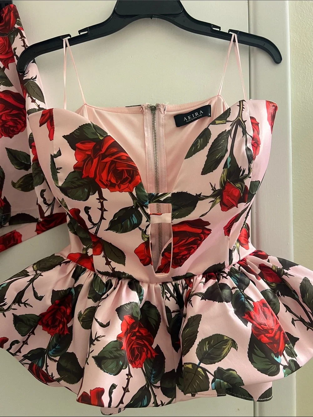 AKIRA Pink and Red Rose Print Peplum Bustier with Matching Skirt - Picture 2 of 7